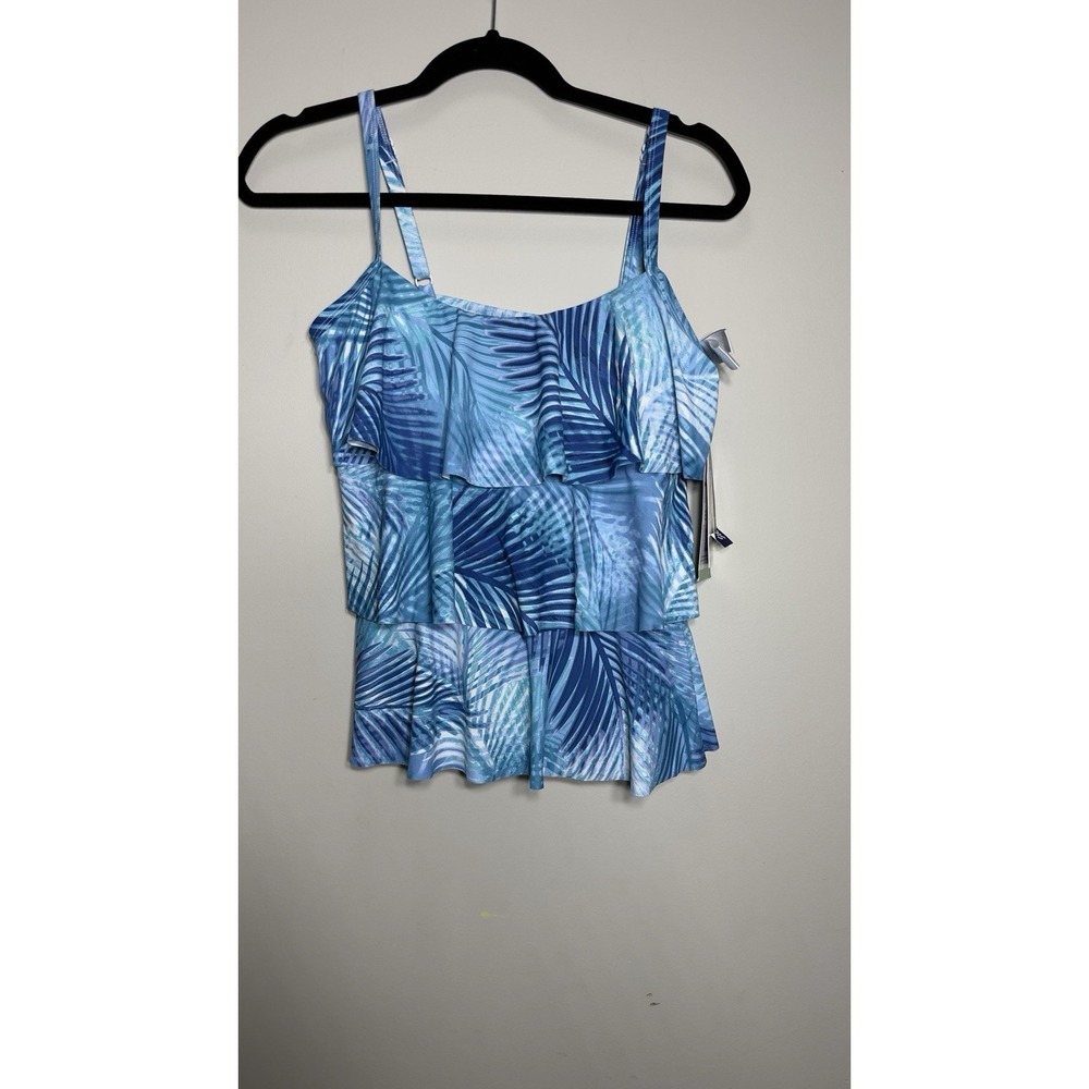 Beach House Swim Tankini Top Size 8 Blue Tropical Palm Leaf Tiered Ruffle NWT